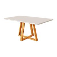 Mesa De Jantar Luxo 160x90 Tampo Mdf/vidro Para 6 Lugares Pés Madeira Maciça Pérola - Mel/off White - 1