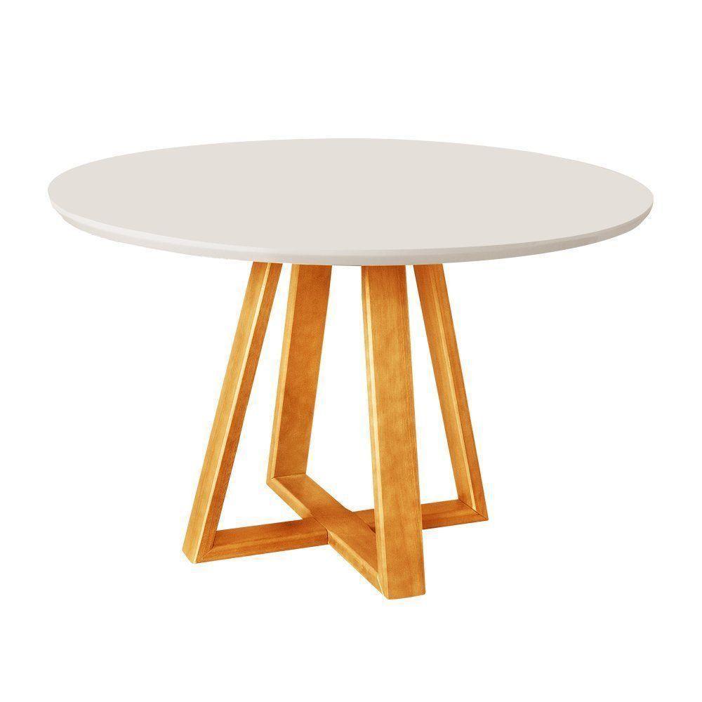 Mesa De Jantar Luxo Tampo Mdf/vidro Redonda Para 4 Lugares Pés Madeira Maciça Pérola - Mel/off White - 1