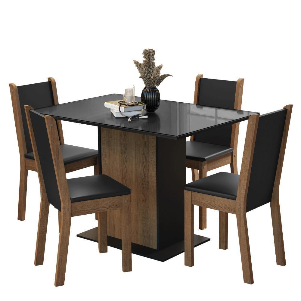 Conjunto Sala De Jantar Mesa Tampo De Vidro 4 Cadeiras Preto Rustic Martina Madesa - 6