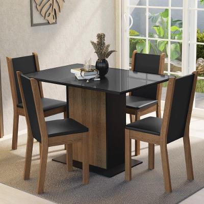 Conjunto de Jantar Martina 4 Lugares Tampo em MDP e Vidro Temperado com Cadeiras Preto 104cm