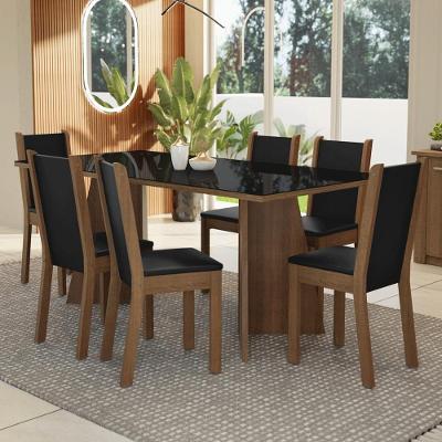 Conjunto Sala de Jantar Viola 6 Lugares Tampo de Vidro em MDP Rustic Preto com Cadeiras Estofadas