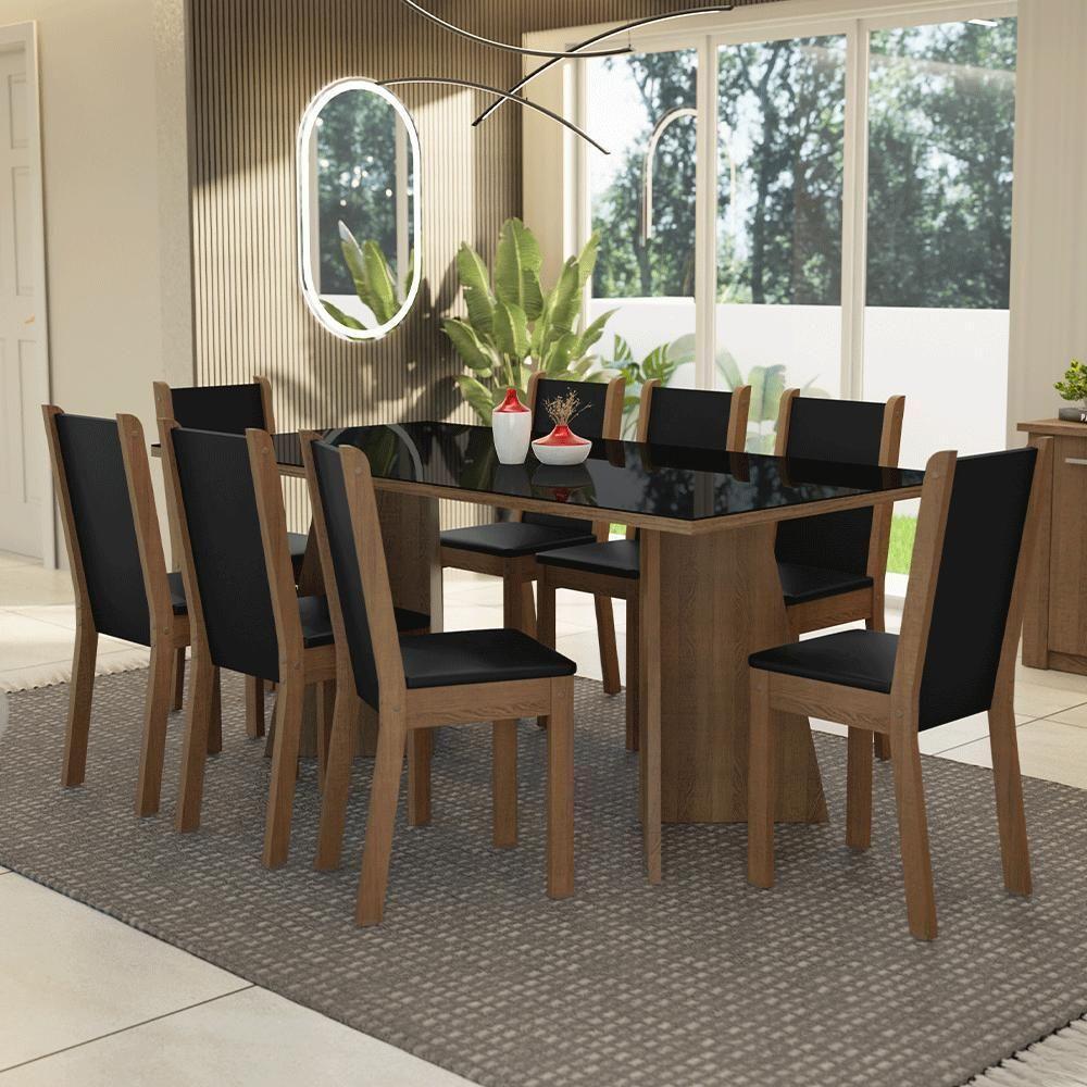 Conjunto Sala De Jantar Mesa Tampo De Vidro 8 Cadeiras Rustic Preto Justine Madesa Sintético - 1