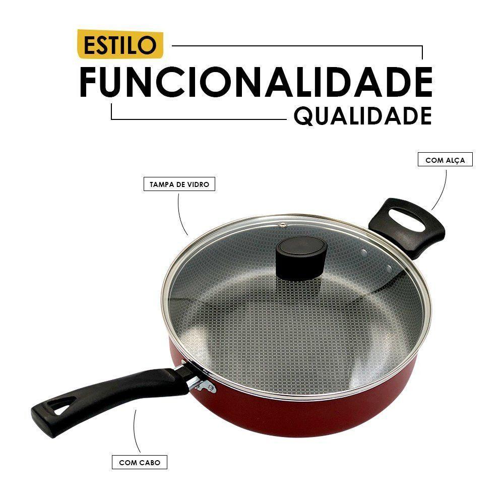 Frigideira Enjoy Reta 24cm Com Tampa De Vidro E Alça Vermelho - 6