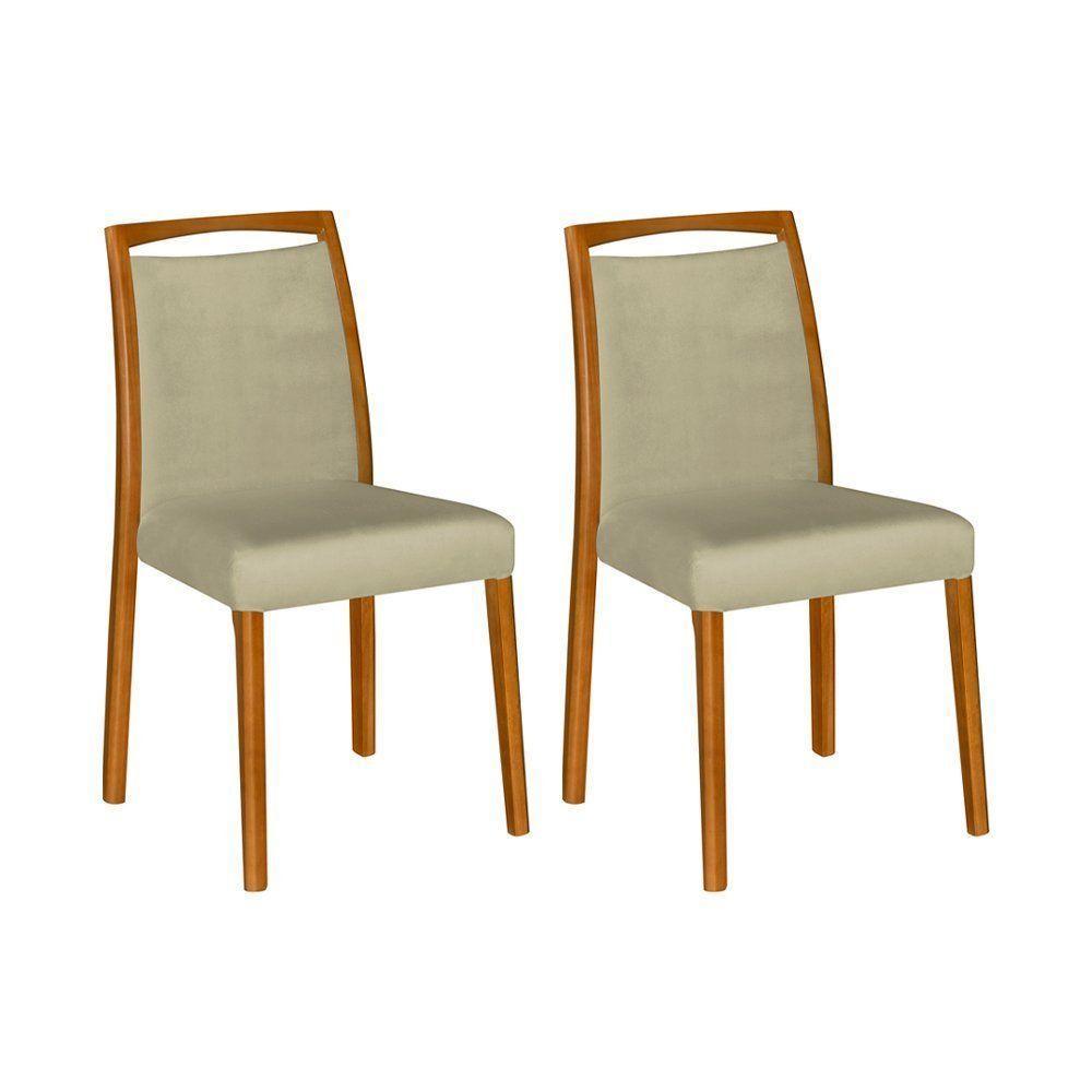 Kit 2 Cadeiras De Jantar Luxo Estofadas Jade Veludo Bege Base Madeira Maciça Mel - 1