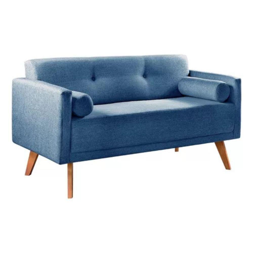 Sofá 2 Lugares Luma Linho Azul Com Pés Em Madeira 1,40m - 1