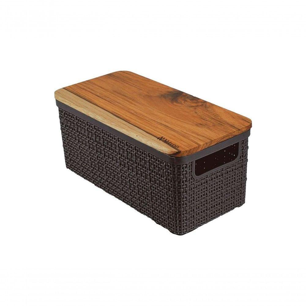 Cesto Organizador Juta De Plástico Resistente Com Tampa De Madeira Capacidade 3,7 Litros Preto - 1