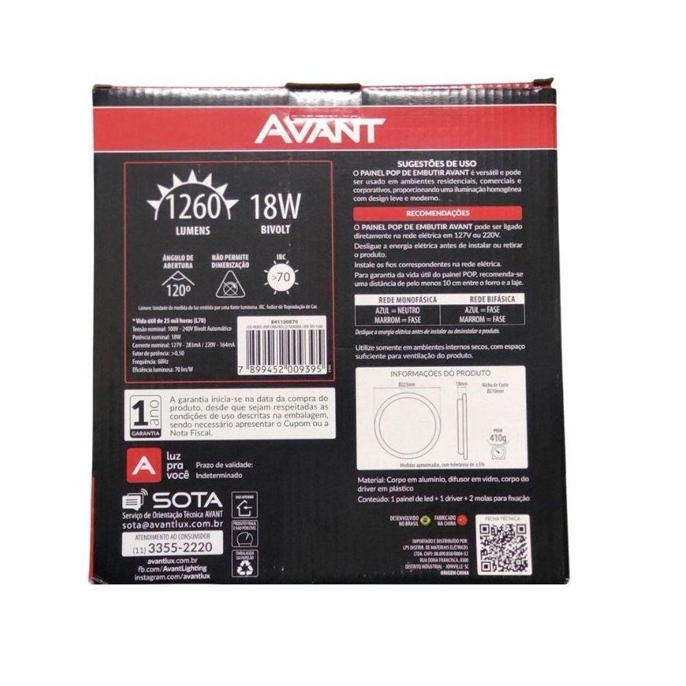 Painel Led Pop Embutir Redondo Avant Branco 22cm - 18w - 4000k Luz Neutra - 3