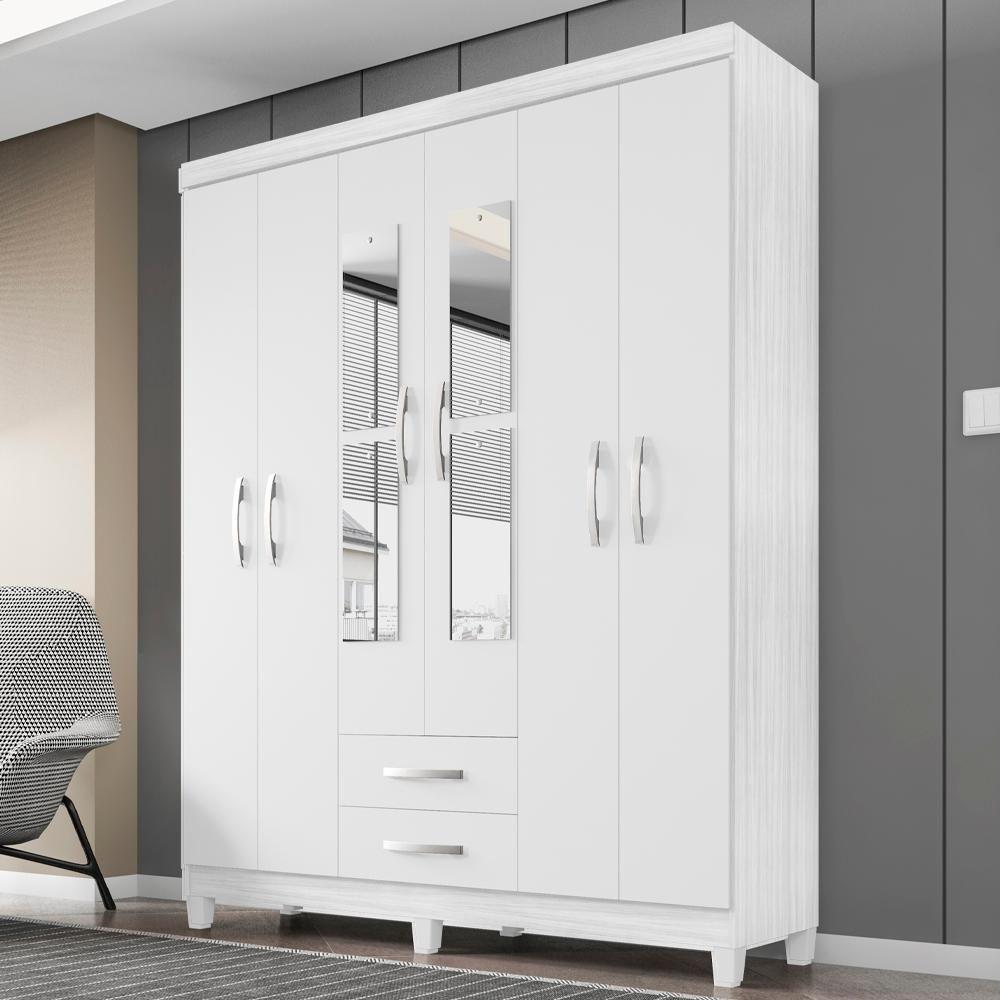 Guarda Roupa Casal Espelho 6 Portas 2 Gavetas Moden 150 Cm Branco Flex Incp - 5