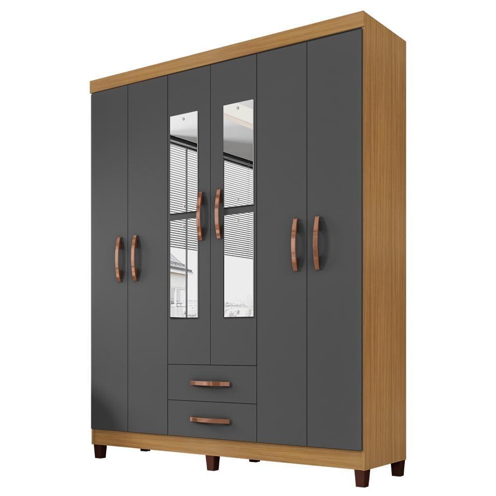Guarda Roupa Casal Espelho 6 Portas 2 Gavetas Moden 150 Cm Carvalho Am Grafite Incp - 2