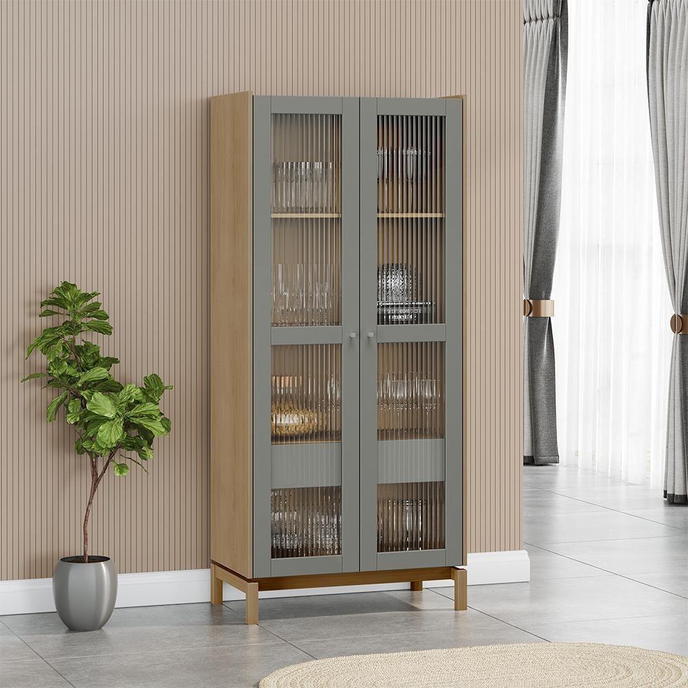 Cristaleira 2 Portas 1 Gaveta Vidro Canelado 180x80 Cm 2157 Oak Ferrolack Milani Store - 5