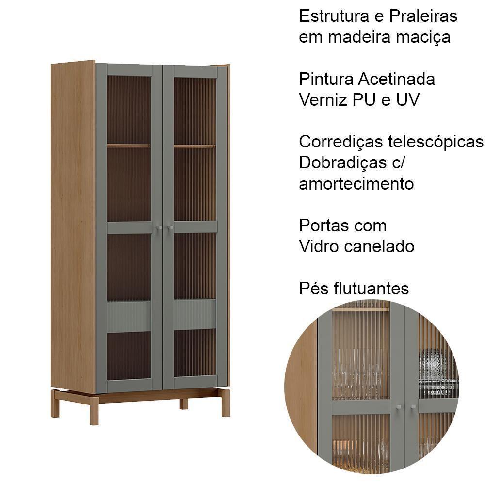 Cristaleira 2 Portas 1 Gaveta Vidro Canelado 180x80 Cm 2157 Oak Ferrolack Milani Store - 6