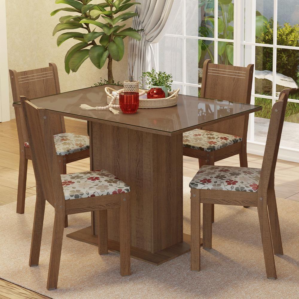 Conjunto Sala De Jantar Mesa Tampo De Vidro 4 Cadeiras Rustic/hibiscos Camélia Madesa - 1