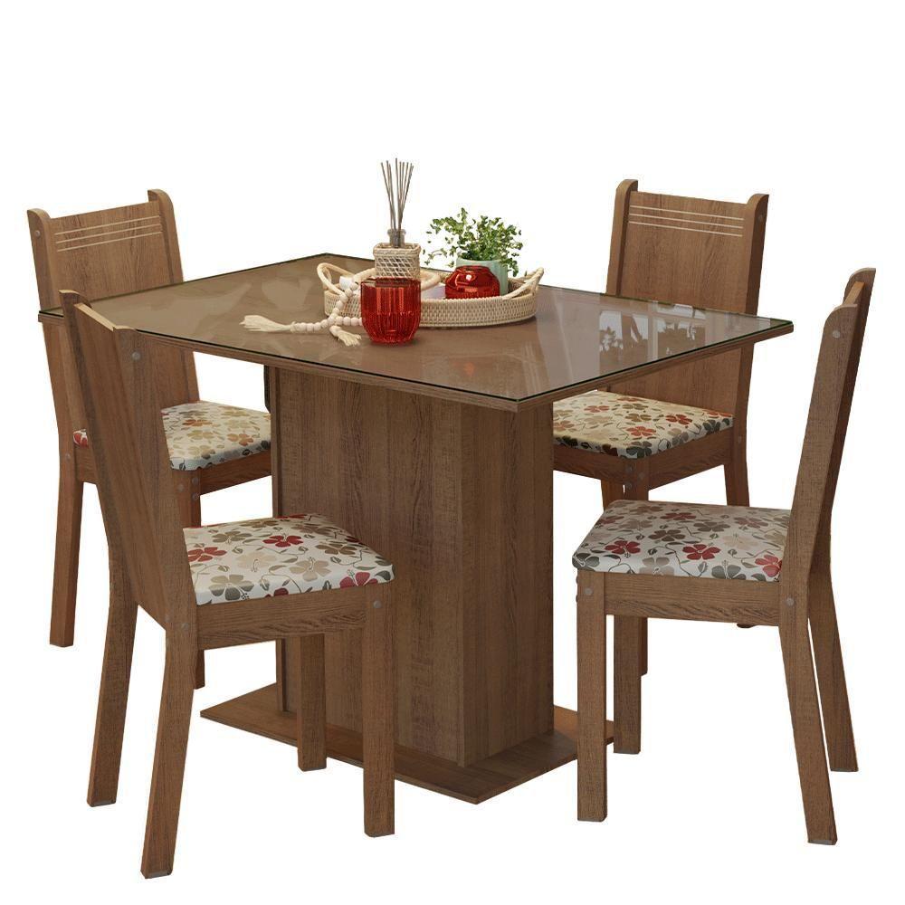 Conjunto Sala De Jantar Mesa Tampo De Vidro 4 Cadeiras Rustic/hibiscos Camélia Madesa - 6