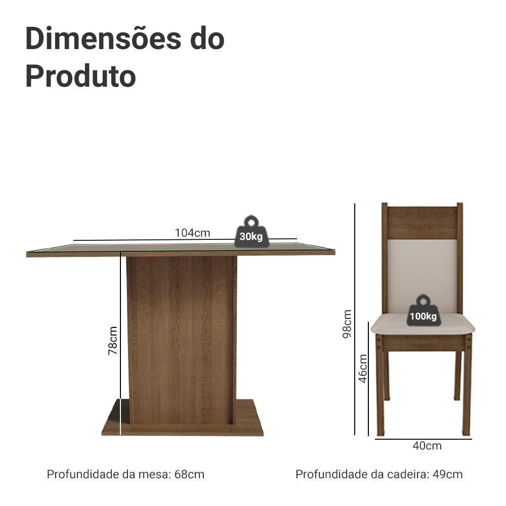 Conjunto Sala De Jantar Mesa Tampo De Vidro 4 Cadeiras Rustic/crema/bege Viena Madesa - 4