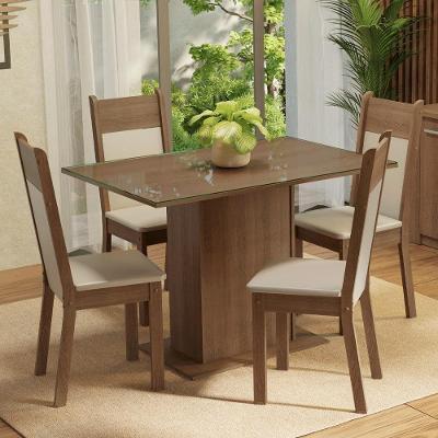 Conjunto Sala de Jantar Viena 4 Lugares Mesa Tampo de Vidro com Cadeiras Estofadas Rustic Crema Bege