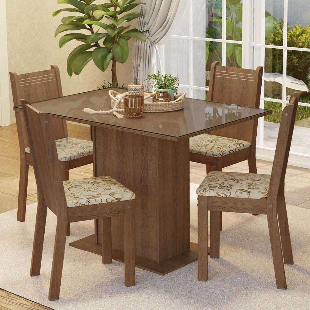 Conjunto Sala De Jantar Mesa Tampo De Vidro 4 Cadeiras Rustic/lírio Bege Camélia Madesa - 1