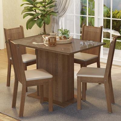 Conjunto Sala de Jantar Camélia 4 Lugares Mesa Tampo de Vidro com Cadeiras Corino Rustic Bege