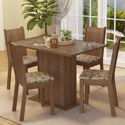 Conjunto Sala de Jantar Camélia 4 Lugares Tampo de Vidro com Cadeiras Estofadas Rustic Bege Marrom