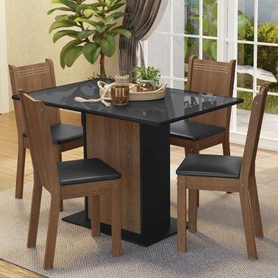 Conjunto de Jantar Camélia 4 Lugares Tampo de Vidro com Cadeiras Estofadas Marrom e Preto