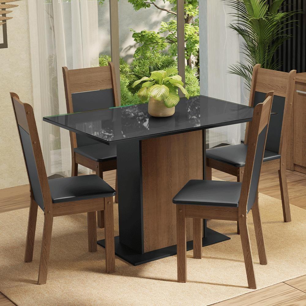 Conjunto Sala De Jantar Mesa Tampo De Vidro 4 Cadeiras Rustic/preto Viena Madesa - 1