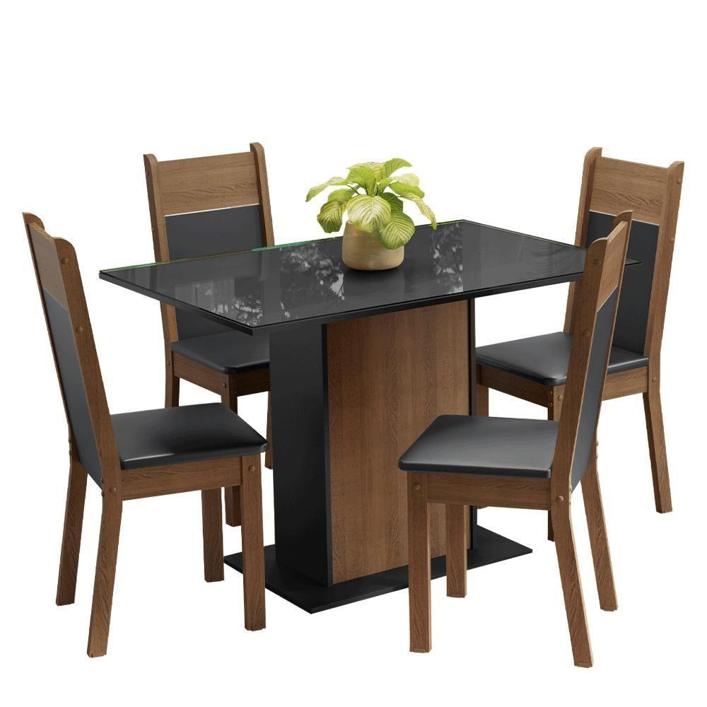 Conjunto Sala De Jantar Mesa Tampo De Vidro 4 Cadeiras Rustic/preto Viena Madesa - 2