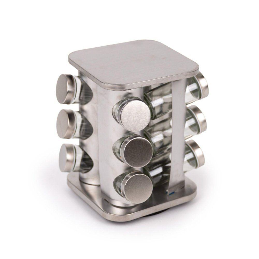 Porta Condimentos E Temperos Giratório Com 12 Potes Em Aço Inox E Vidro - 1
