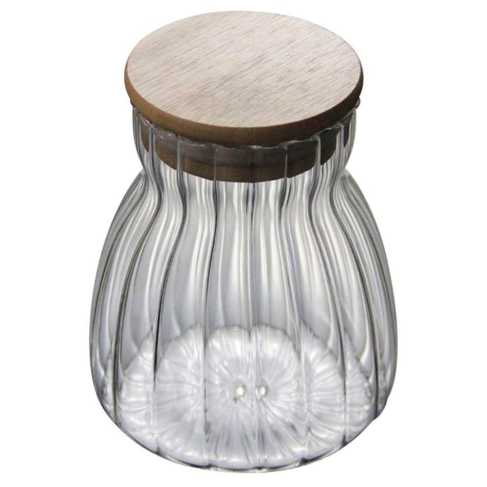Pote Hermético Com Frisos Tampa Bambu Recipiente Vidro 450ml - 1