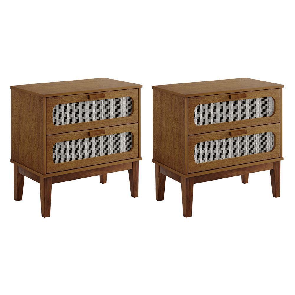 Kit 2 Mesas De Cabeceira 2 Gavetas Santorini Amêndoa 60 Cm Com Tela Indiana - Bege - 1