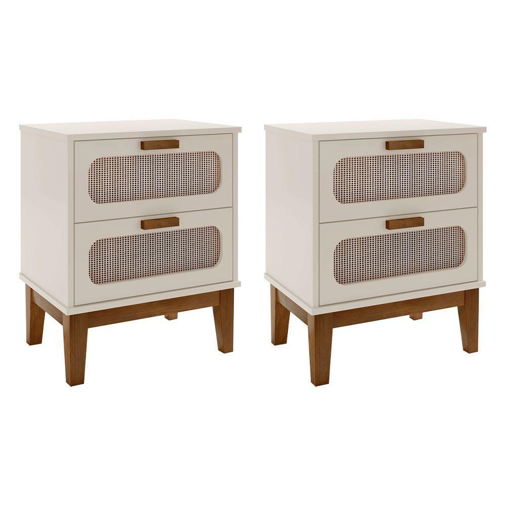 Kit 2 Mesas De Cabeceira 2 Gavetas Santorini Off White 45 Cm Com Tela Indiana - Off White - 1