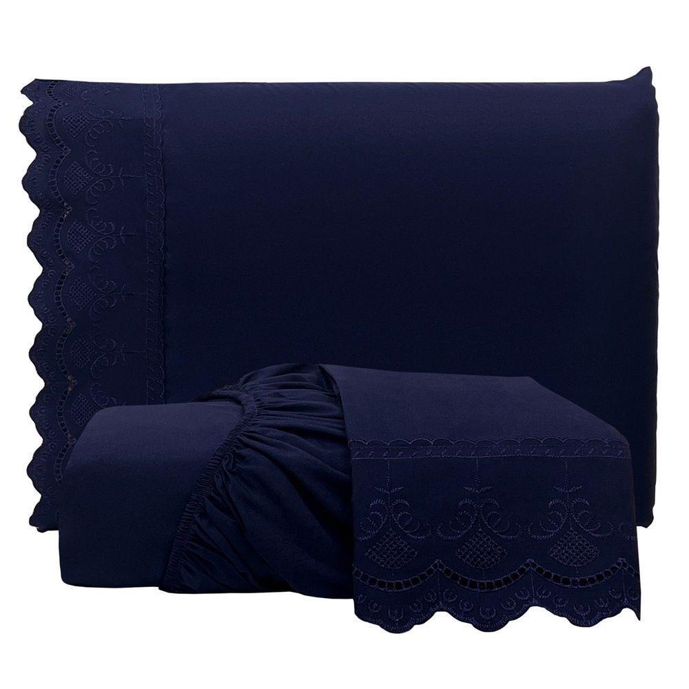 Jogo De Lençol King Bordado Ingles Micropercal 300 Fios Toque De Algodão 3 Peças - Azul Marinho - 1