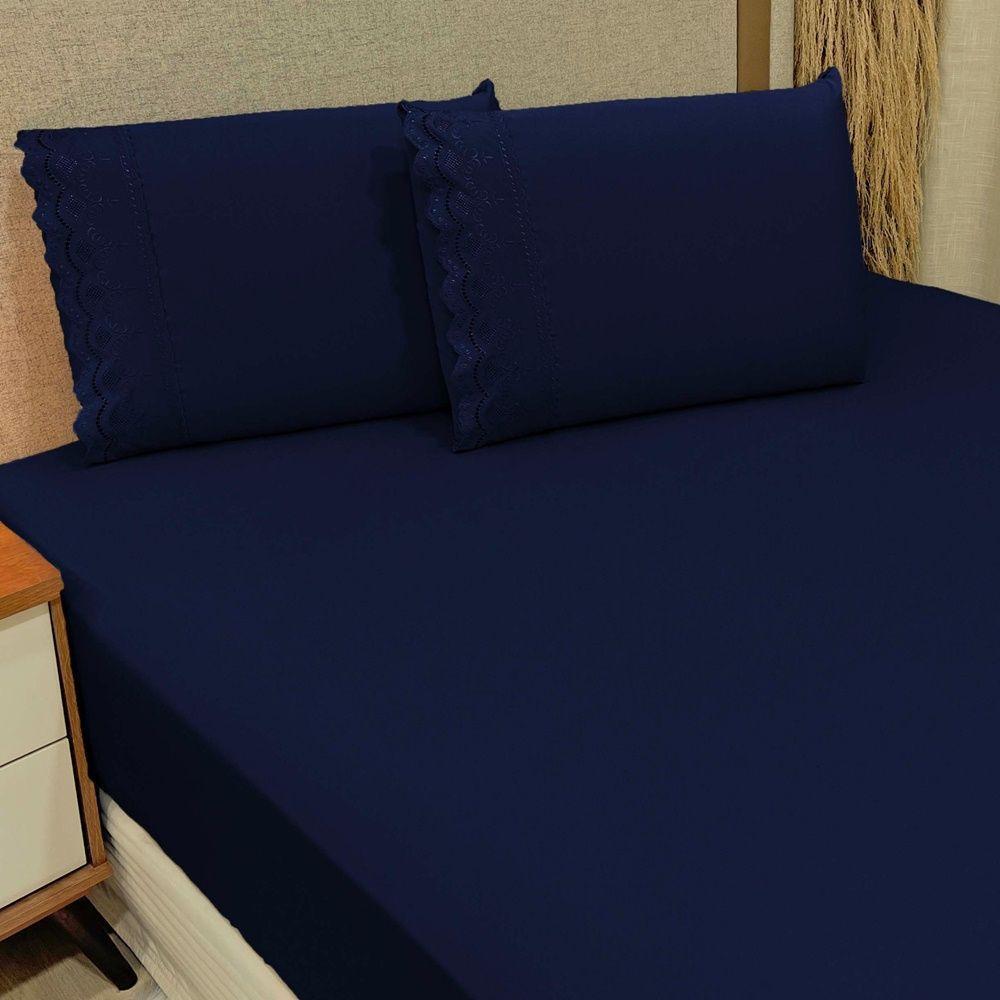 Jogo De Lençol King Bordado Ingles Micropercal 300 Fios Toque De Algodão 3 Peças - Azul Marinho - 2