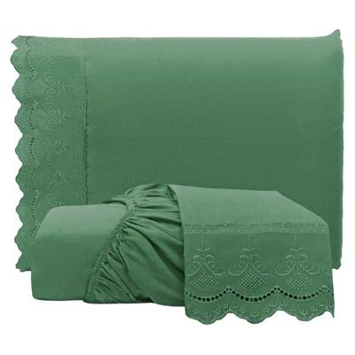 Jogo De Lençol Queen Bordado Ingles Micropercal 300 Fios Toque De Algodão 3 Peças - Esmeralda