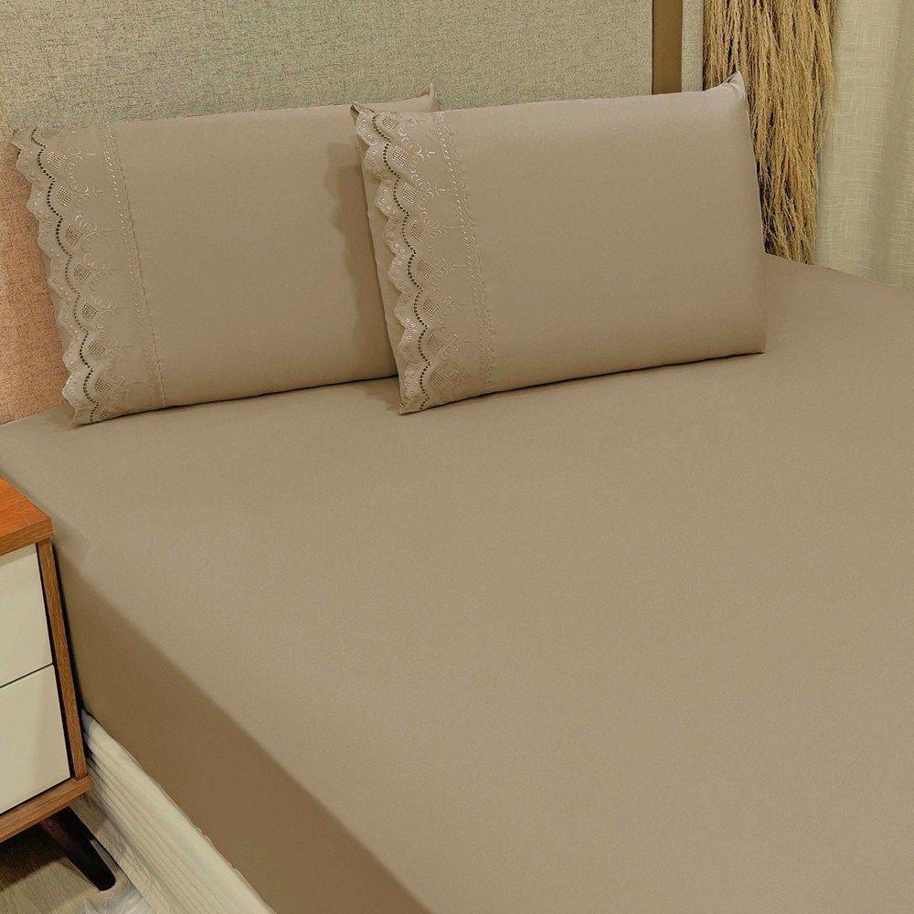 Jogo De Lençol King Bordado Ingles Micropercal 300 Fios Toque De Algodão 3 Peças - Chocolate - 2