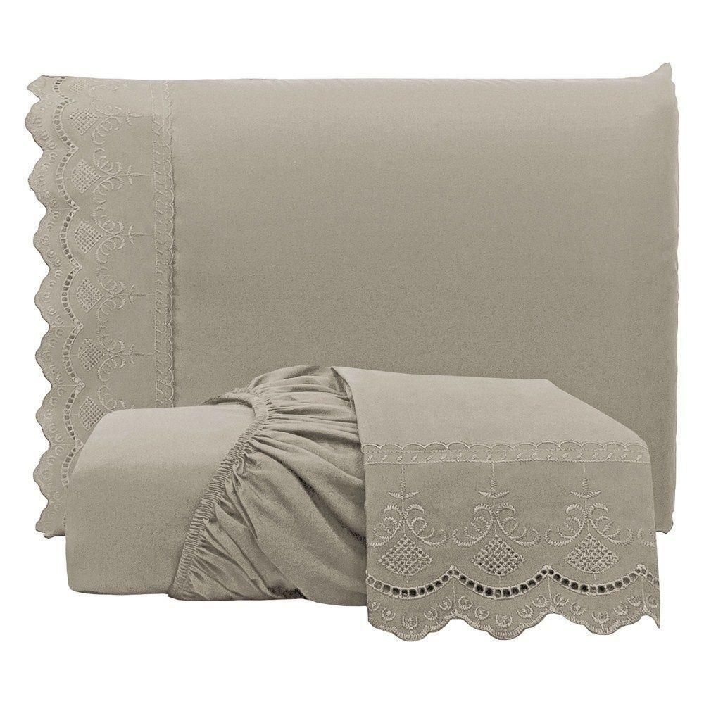 Jogo De Lençol King Bordado Ingles Micropercal 300 Fios Toque De Algodão 3 Peças - Fendi - 1