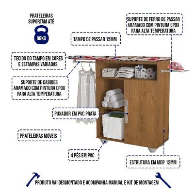 Tábua De Passar Roupas Clean Com Organizador E Cabideiro Freijó