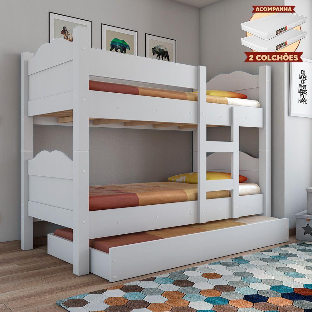 Beliche Madrid Com Grades De Proteção E Cama Removível - Branco Com 2 Colchões - 1