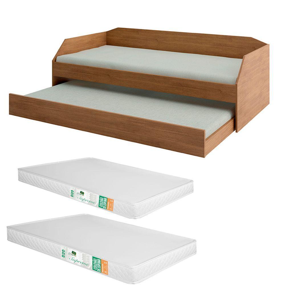 Bicama Solteiro Duo Com Cama Auxiliar Em Mdf Premium Amendoa Com 2 Colchões - 3