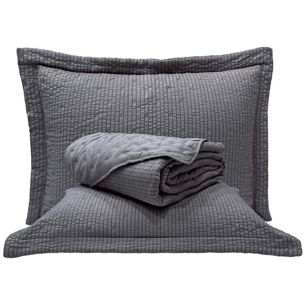 Kit Cobre Leito Colcha Casa Scarpa Anabela King Dupla Face Texturizado Percal 300 Fios 3 Peças - Cinza - 100% Poliéster - 1