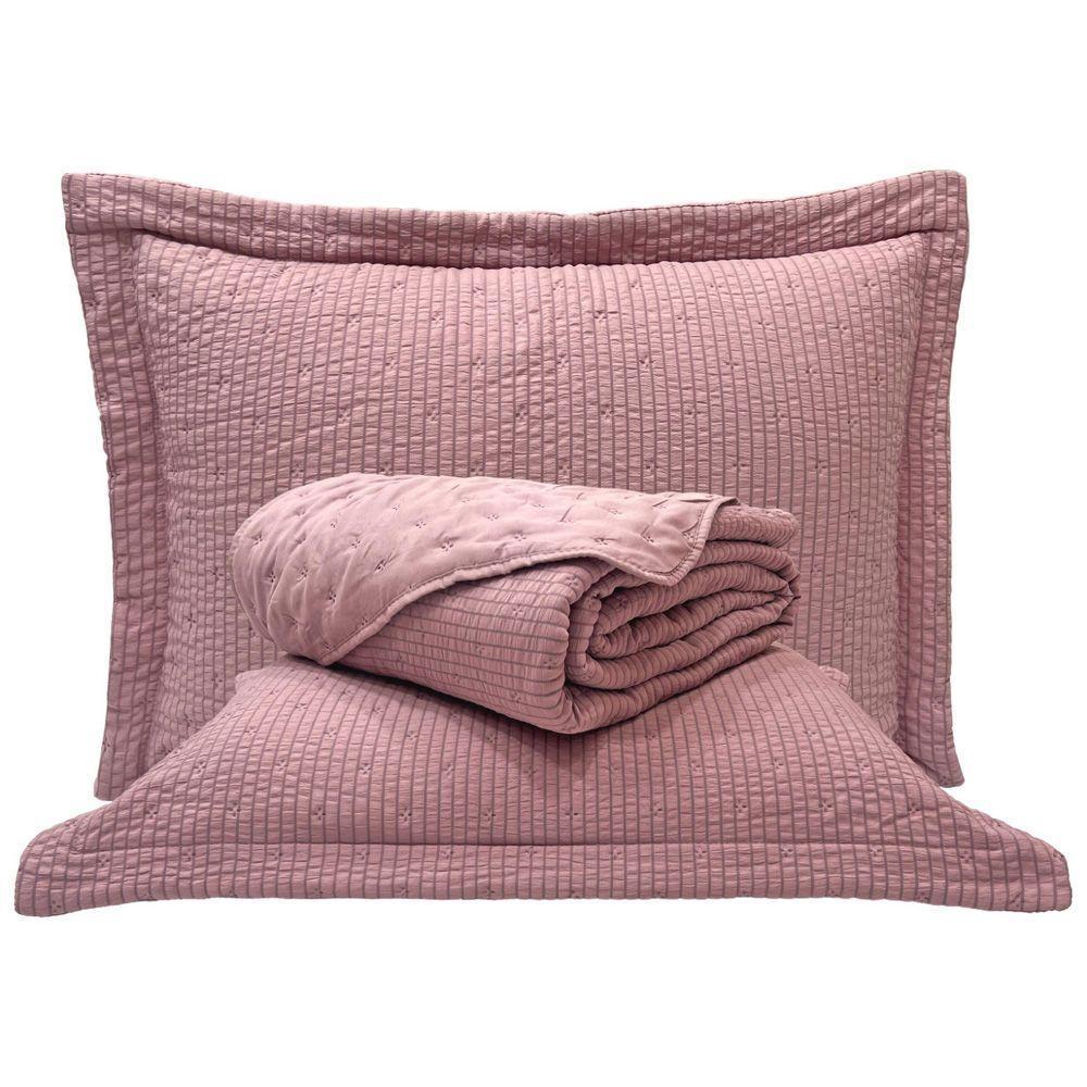 Kit Cobre Leito Colcha Casa Scarpa Anabela Queen Dupla Face Texturizado Percal 300 Fios 3 Peças - Roxo Malva - 1
