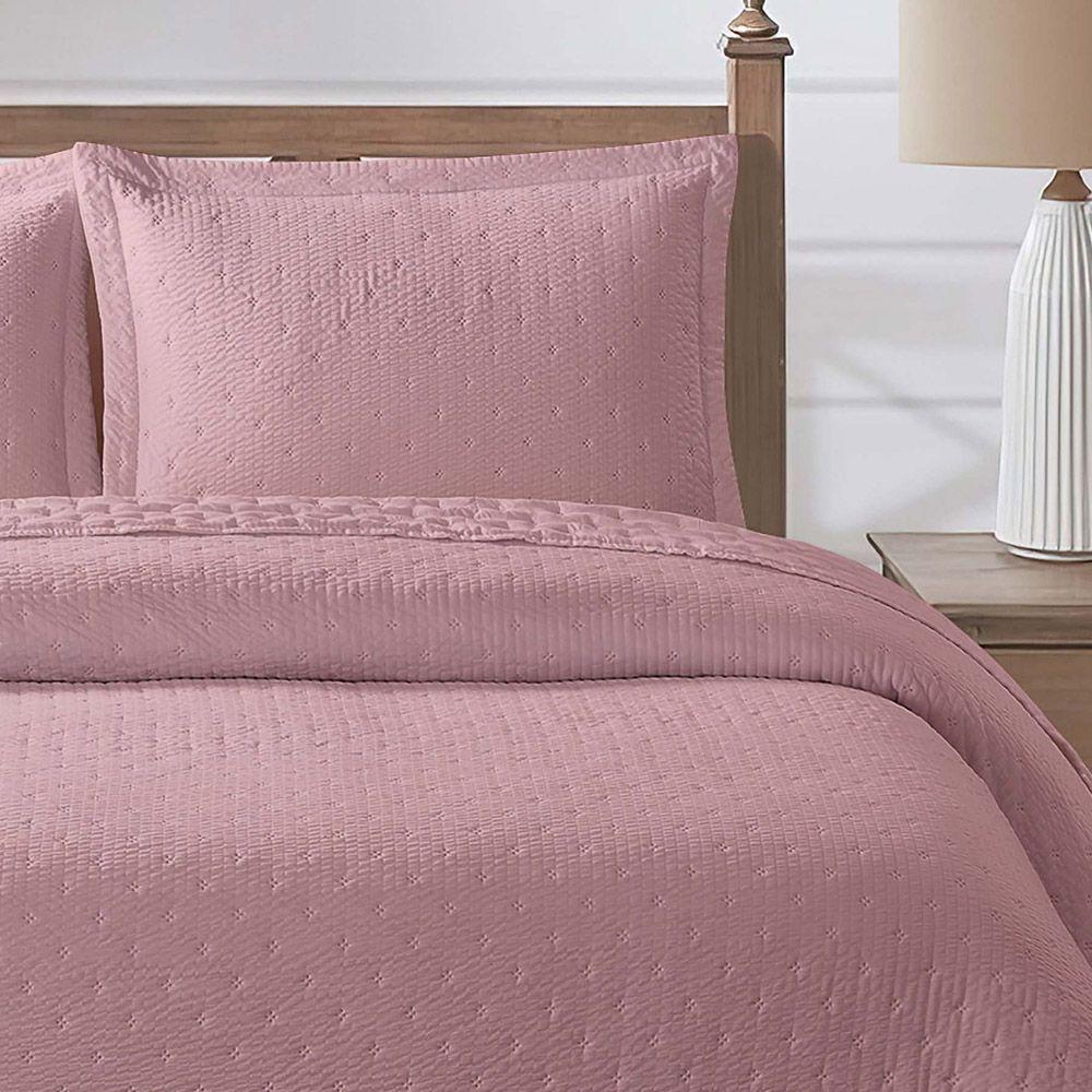 Kit Cobre Leito Colcha Casa Scarpa Anabela Queen Dupla Face Texturizado Percal 300 Fios 3 Peças - Roxo Malva - 3