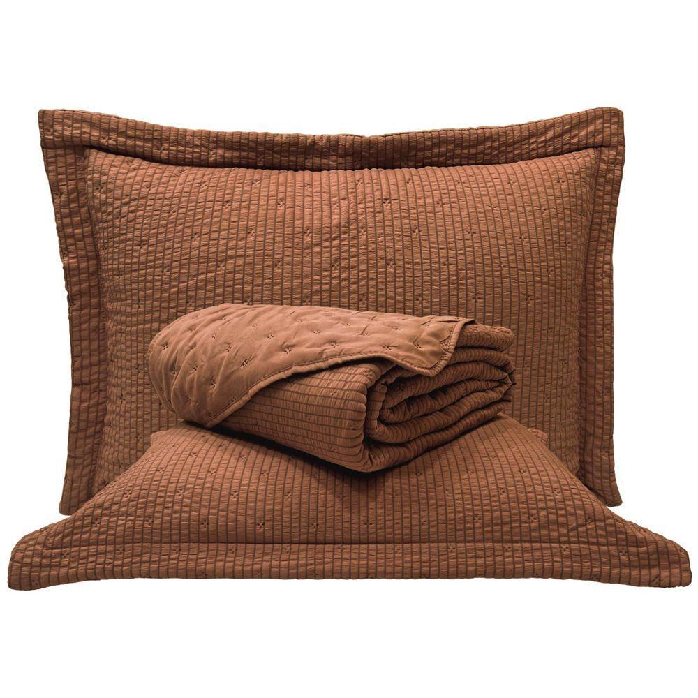 Kit Cobre Leito Colcha Casa Scarpa Anabela Queen Dupla Face Texturizado Percal 300 Fios 3 Peças - Castor - 1