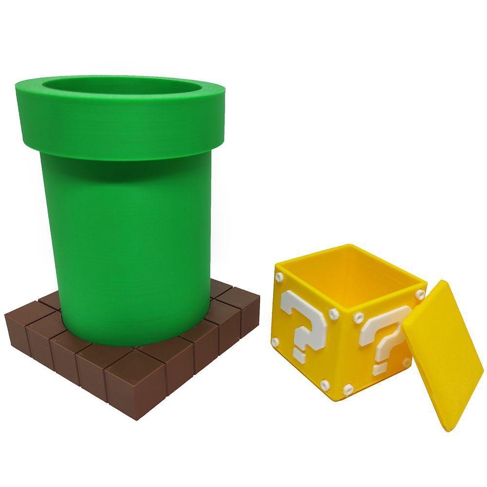 Kit Cano E Cubo Porta Objetos Caneta 3d Mario Gamer Mesa Escritório Geek - 1