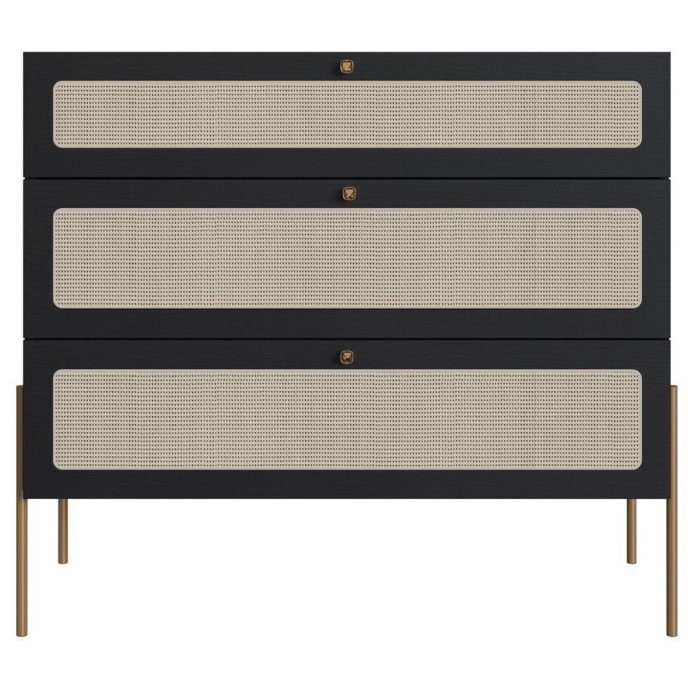 Cômoda 3 Gavetas Oslo Artesano 93 Cm (largura) Em Mdp Nero Palha Sintética Bege Pé Metal Dourado - 3