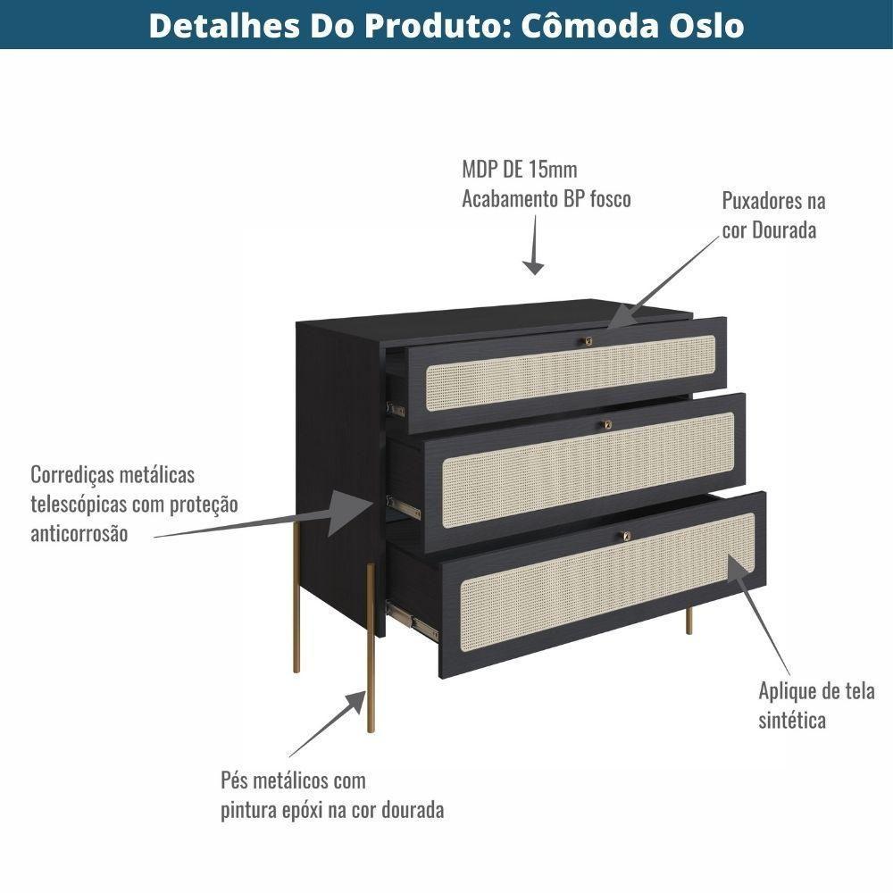 Cômoda 3 Gavetas Oslo Artesano 93 Cm (largura) Em Mdp Nero Palha Sintética Bege Pé Metal Dourado - 5