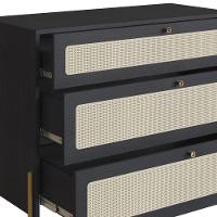 Cômoda 3 Gavetas Oslo Artesano 93 Cm (largura) Em Mdp Nero Palha Sintética Bege Pé Metal Dourado