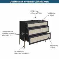 Cômoda 3 Gavetas Oslo Artesano 93 Cm (largura) Em Mdp Nero Palha Sintética Bege Pé Metal Dourado - 5