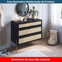 Cômoda 3 Gavetas Oslo Artesano 93 Cm (largura) Em Mdp Nero Palha Sintética Bege Pé Metal Dourado - 6