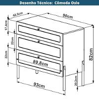 Cômoda 3 Gavetas Oslo Artesano 93 Cm (largura) Em Mdp Nero Palha Sintética Bege Pé Metal Dourado - 7