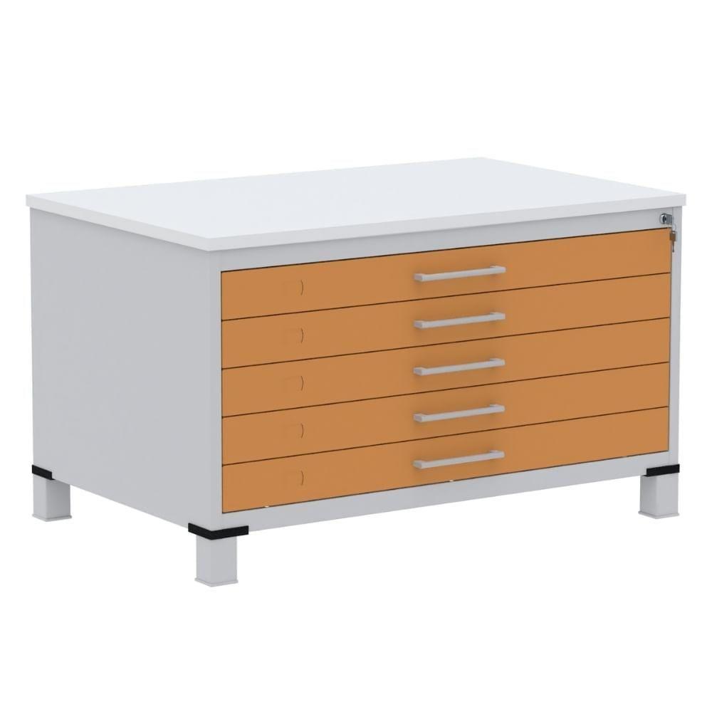 Mapoteca 5 Gavetas Pandin 120 Cm (larg) Inmetro Tampo Mdp Branco Estrutura Aço Cinza Gaveta Laranja - 1