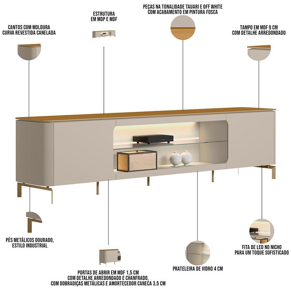 Rack Para Sala De Estar Tv 85 Pol Com Led Elysia L05 Tauari Off White Fosco - Lyam Decor - 4
